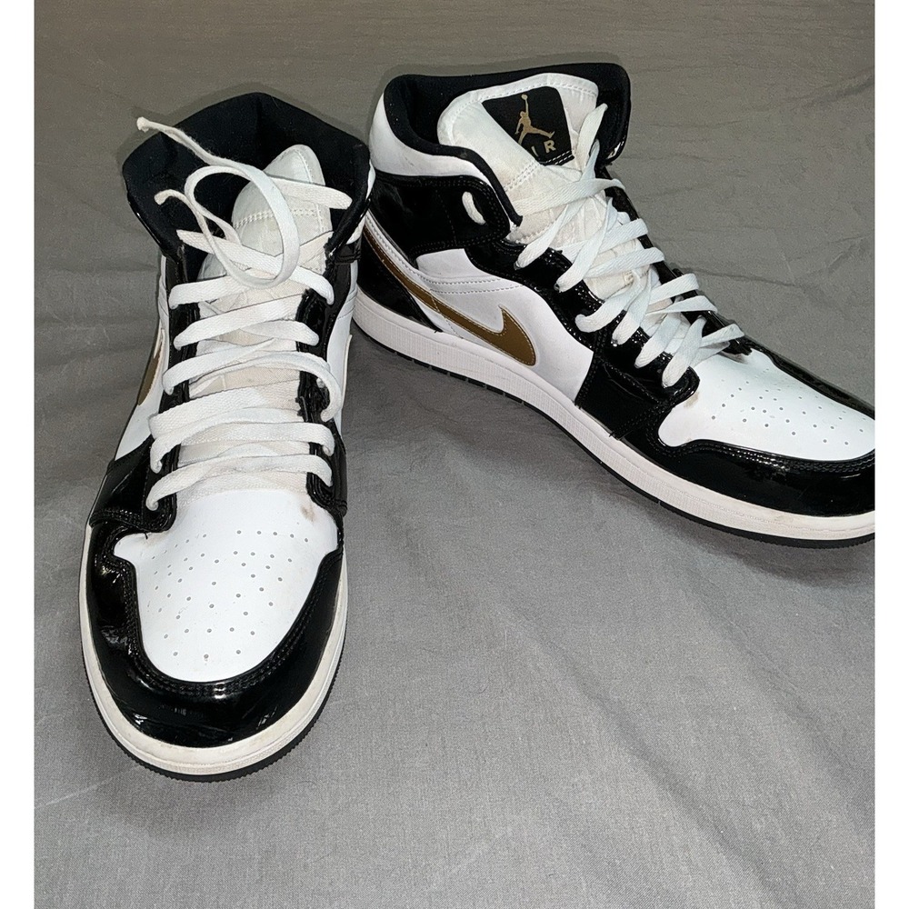 Nike Air Jordan Retro 1 Mid Patent Black Gold Shoes Sneaker  Size 14